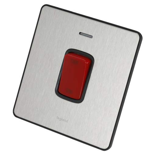 Legrand 45A DP 1 Gang Screwless Switch with Red Rocker and Neon Black Insert Brushed Stainless Steel