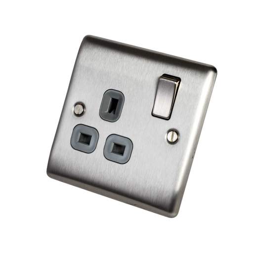 BG 13A DP 1 Gang Switched Socket Grey Insert Brushed Steel