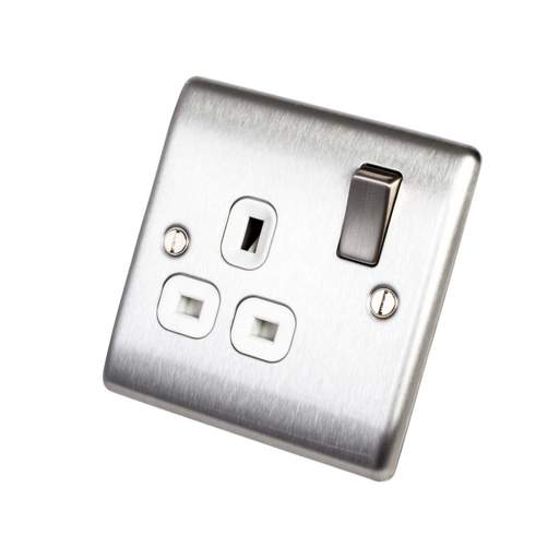 BG 13A DP 1 Gang Switched Socket White Insert Brushed Steel