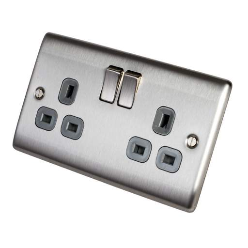 BG 13A DP 2 Gang Switched Socket Grey Insert Brushed Steel