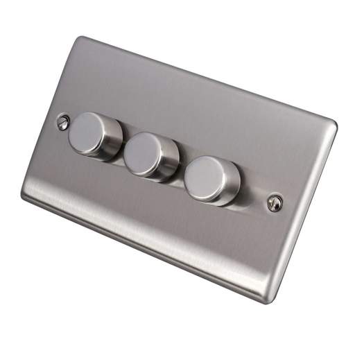 BG 200W 3 Gang 2 Way Intelligent Dimmer Switch Brushed Steel