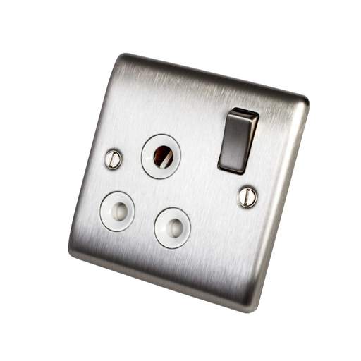BG 15A 1 Gang Single Switched Socket White Insert Brushed Steel