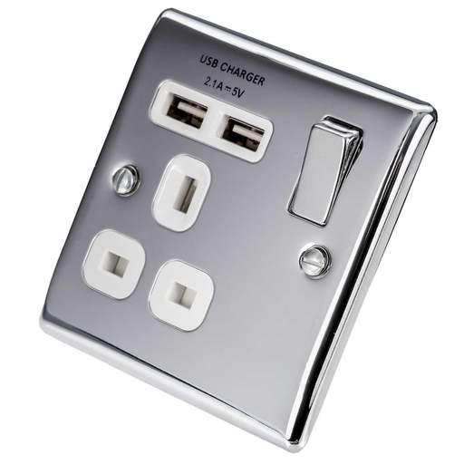 BG 13A 1 Gang Switched Socket with Twin USB Outlets White Insert Polished Chrome