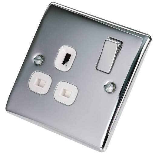 BG 13A 1 Gang Switched Socket White Insert Polished Chrome