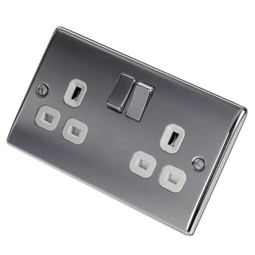 BG 13A 2 Gang Switched Socket White Insert Polished Chrome