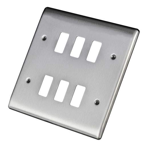 BG 6 Gang Grid Front Plate Brushed Steel