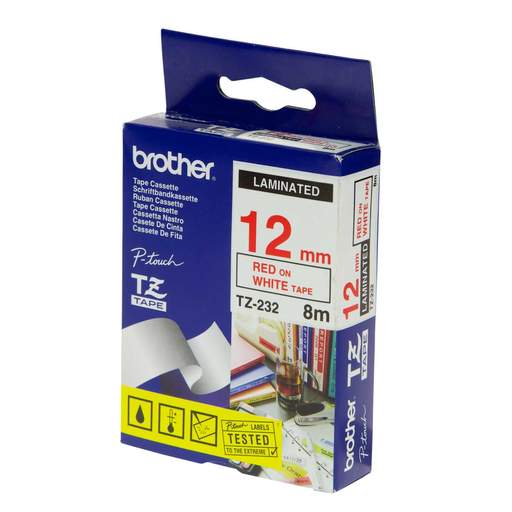 Brother 12mm x 8m Label Cartridge Red on White