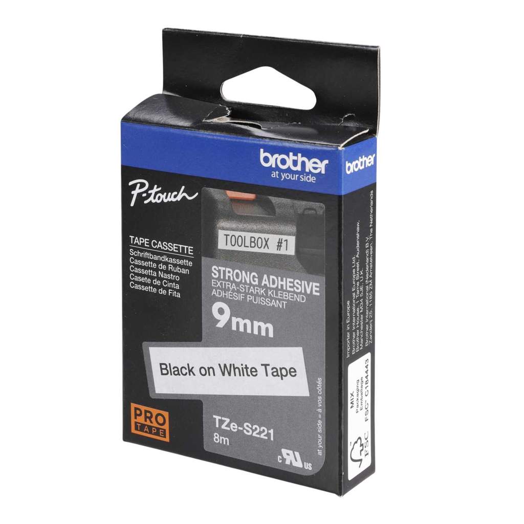 Brother 9mm Black On White Strong Adhesive Pro Tape (TZE-S221) | CEF