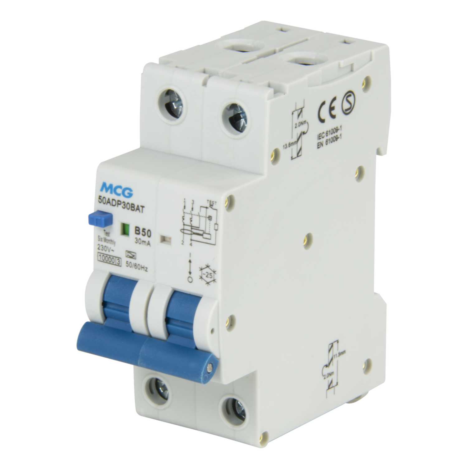 MCG 50A Double Pole 2 Module B Curve 10kA 30mA Type A Mini RCBO ...