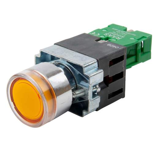 MCG Amber Panel Mount Illuminated Push Button (22.5mm fixing) complete with 1 x Normally Open contact block. 230V - 110V via an Internal Transformer Supplied with the lamp