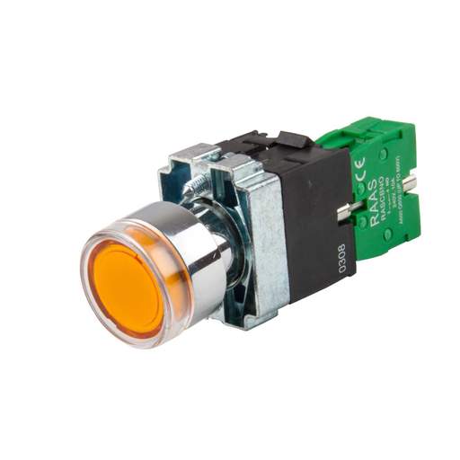 MCG Amber Panel Mount Illuminated Push Button (22.5mm fixing) complete with 1 x Normally Open contact block - 230V Maximum Supplied without the lamp