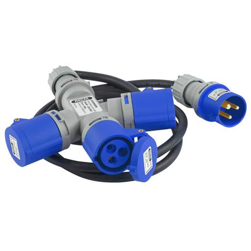 MCG 16A 2 Pole + Earth 230V 3 Way Y Splitter complete with 2 metres of Cable and Plug IP44