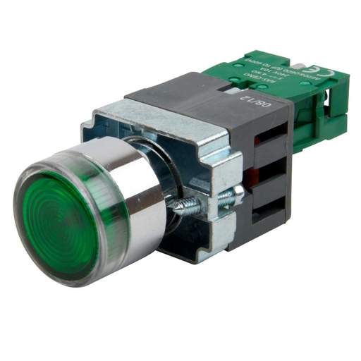 MCG Green Panel Mount Illuminated Push Button (22.5mm fixing) complete with 1 x Normally Open contact block 230V - 110V via an Internal Transformer  Supplied with the lamp