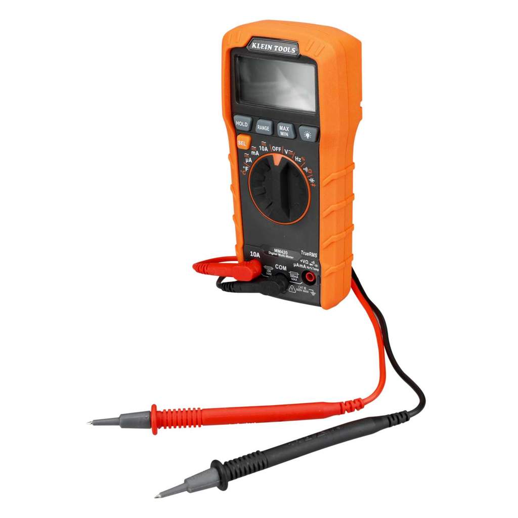 Klein Tools MM420 Digital Multimeter, Auto-Ranging TRMS Multimeter, 600V AC/DC Voltage, 10A AC/DC Current, 50 MOhms Resistance,Orange/Black Digital Multimeter, TRMS Auto-Ranging, 600V, Temp - MM420 | Klein
