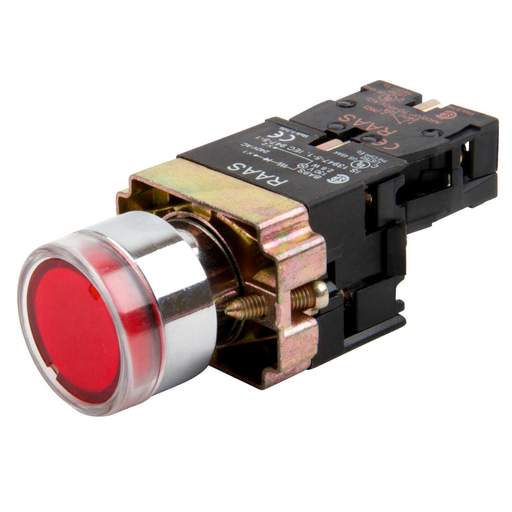 MCG Red Panel Mount Illuminated Push Button (22.5mm fixing) complete with 1 x Normally Closed contact block. 230V - 110V via an Internal Transformer. Supplied with the lamp