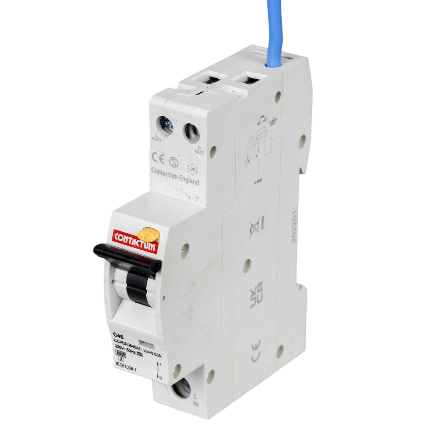 Contactum 45A Single Pole 1 Module C Curve 6kA 30mA Type A RCBO ...