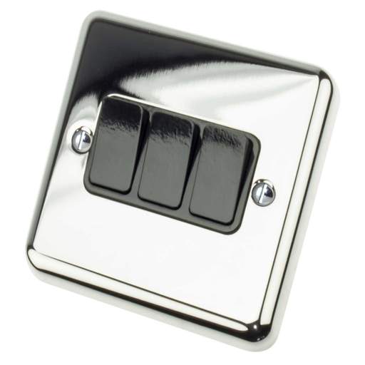 Deta 10A 3 Gang 2 Way Light Switch Metal / Black Insert Chrome