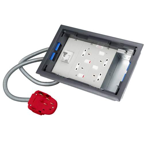 Electrak Legrand Floor box with Type A RCD & 2 x Twin Switched Sockets and YP5532 Tap Off with 1 Spare 75mm Compartment