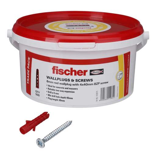 Fischer Trade Tub Red Wall Plugs + 8 x 1 1/2" Screws (Tub of 500)