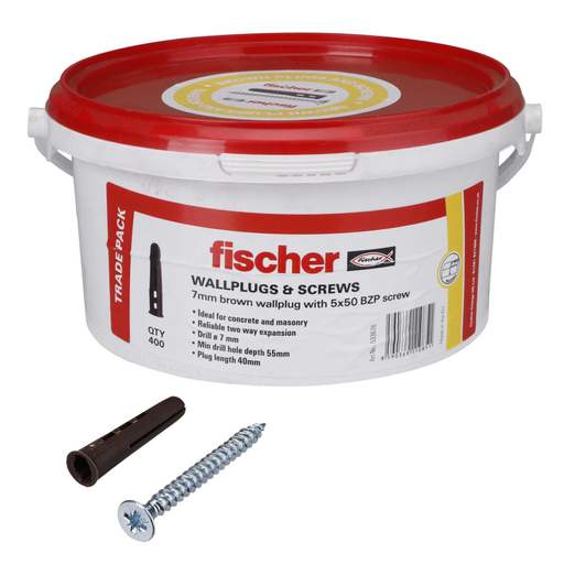 Fischer Trade Tub Brown Wall Plugs + 10 x 2" Wood Screws (Tub of 400)