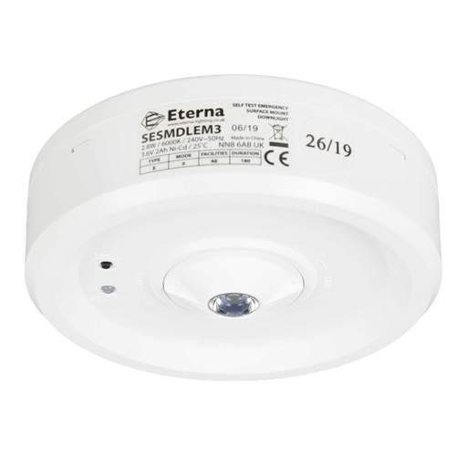 Eterna 3W LED Surface Mounted Emergency Open Area Downlight with Auto Self Test