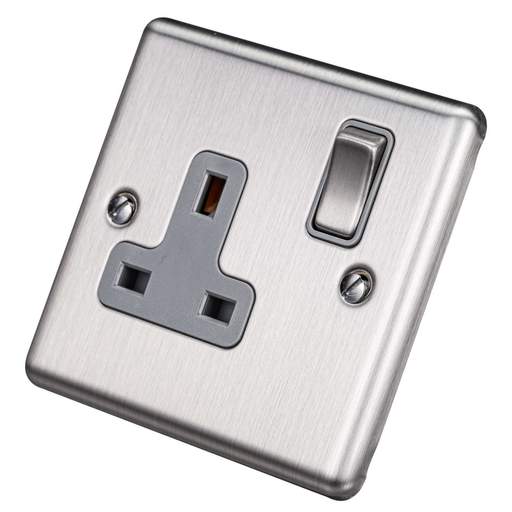 Eurolite 13A DP 1 Gang Switched Socket Grey Insert Satin Stainless Steel