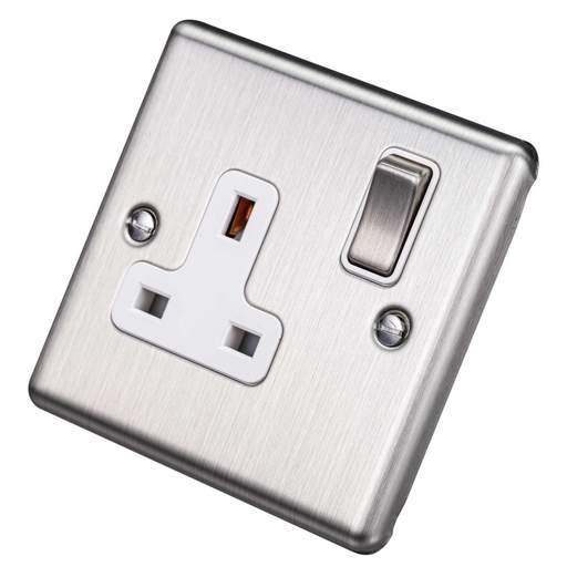 Eurolite 13A DP 1 Gang Switched Socket White Insert Satin Stainless Steel