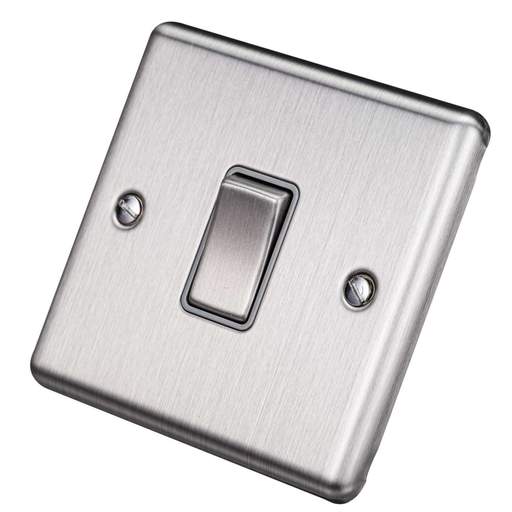 Eurolite 10A 1 Gang 2 Way Light Switch Grey Insert Satin Stainless Steel