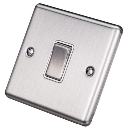 Eurolite 10A 1 Gang 2 Way Light Switch White Insert Satin Stainless Steel