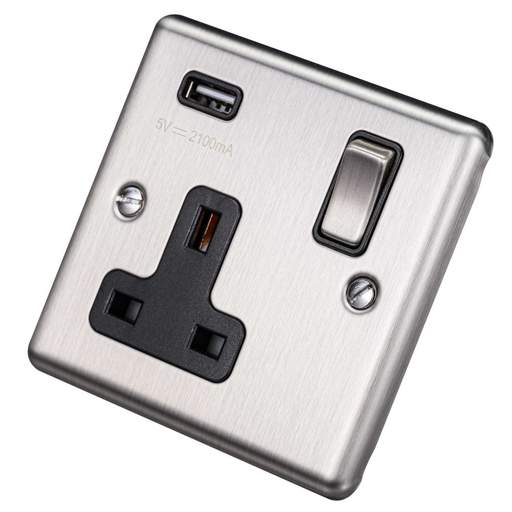 Eurolite 13A 1 Gang Switched Socket with USB Outlet Black Insert Satin Stainless Steel