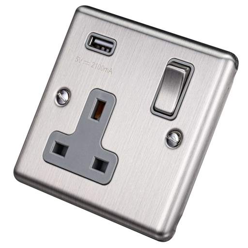 Eurolite 13A 1 Gang Switched Socket with USB Outlet Grey Insert Satin Stainless Steel