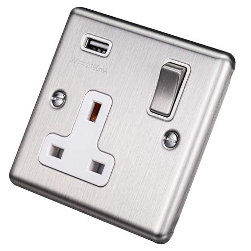 Eurolite 13A 1 Gang Switched Socket with USB Outlet White Insert Satin Stainless Steel