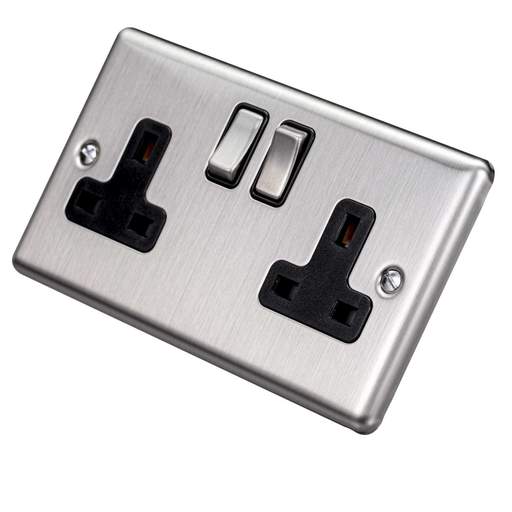 Eurolite 13A DP 2 Gang Switched Socket Black Insert Satin Stainless Steel