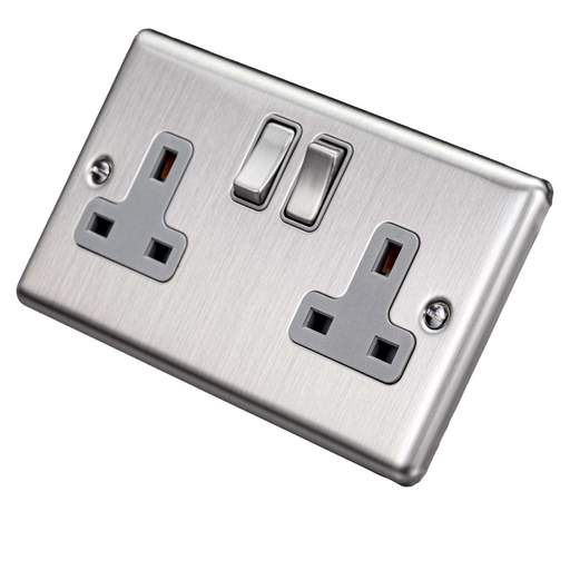 Eurolite 13A DP 2 Gang Switched Socket Grey Insert Satin Stainless Steel