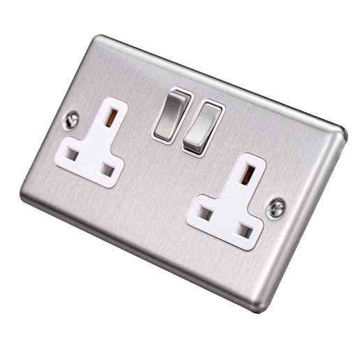 Eurolite 13A DP 2 Gang Switched Socket White Insert Satin Stainless Steel