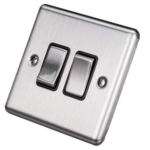 Eurolite 10A 2 Gang 2 Way Light Switch Black Insert Satin Stainless Steel