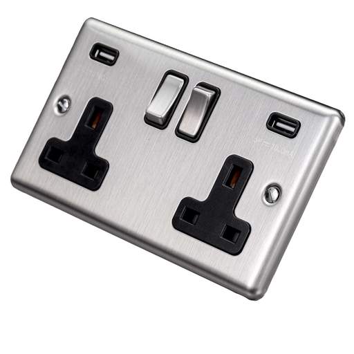 Eurolite 13A 2 Gang Switched Socket with Twin USB Black Insert Satin Stainless Steel