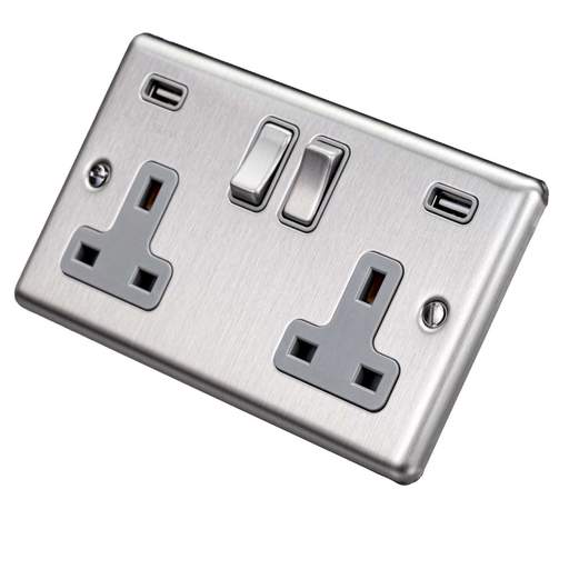 Eurolite 13A 2 Gang Switched Socket with Twin USB Grey Insert Satin Stainless Steel