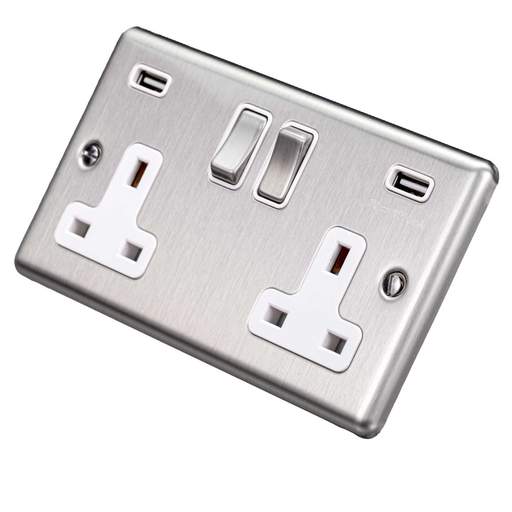 Eurolite 13A 2 Gang Switched Socket with Twin USB White Insert Satin Stainless Steel