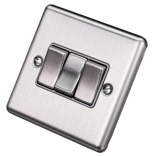 Eurolite 10A 3 Gang 2 Way Light Switch Grey Insert Satin Stainless Steel