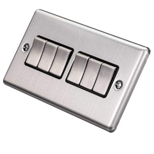 Eurolite 10A 6 Gang 2 Way Light Switch Black Insert Satin Stainless Steel