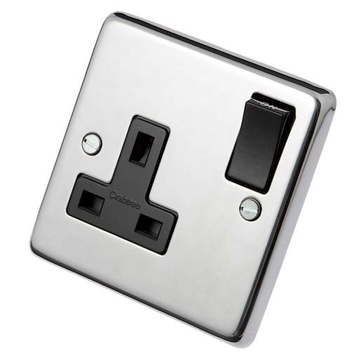 Eurolite 13A DP 1 Gang Switched Socket Black Insert Polished Stainless Steel