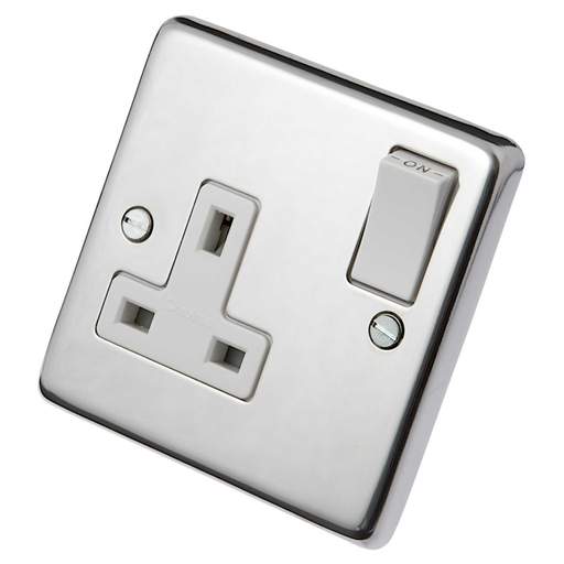 Eurolite 13A DP 1 Gang Switched Socket White Insert Polished Stainless Steel
