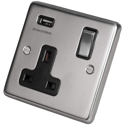 Eurolite 13A 1 Gang Socket with USB Outlet Metal / Black Insert Polished Stainless Steel