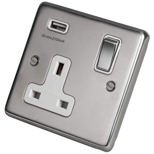 Eurolite 13A 1 Gang Socket with USB Outlet Metal / White Insert Polished Stainless Steel