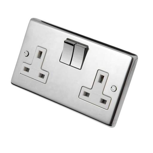 Eurolite 13A DP 2 Gang Switched Socket Metal / White Insert Polished Stainless Steel