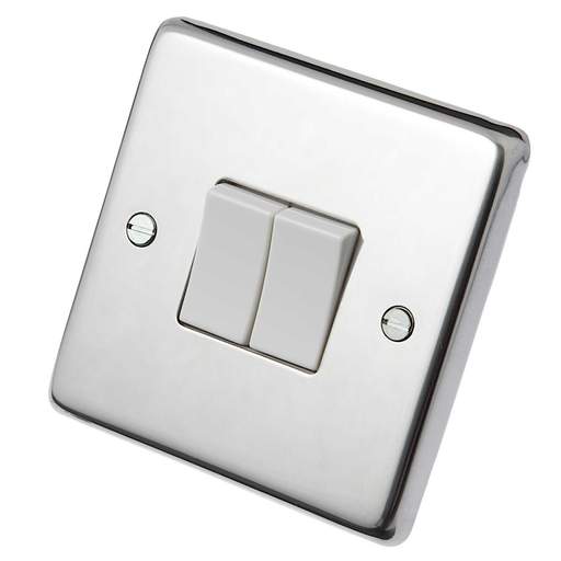 Eurolite 10A 2 Gang 2 Way Light Switch White Insert Polished Stainless Steel