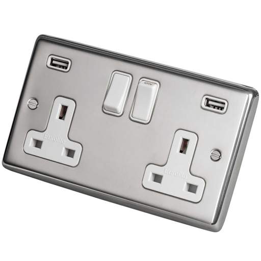 Eurolite 13A 2 Gang Switched Socket with Twin USB White Insert Polished Stainless Steel
