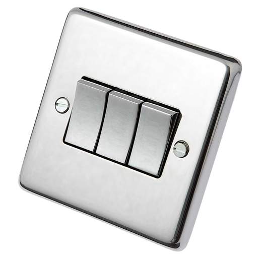 Eurolite 10A 3 Gang 2 Way Light Switch Polished Stainless Steel