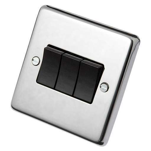 Eurolite 10A 3 Gang 2 Way Light Switch Black Insert Polished Stainless Steel